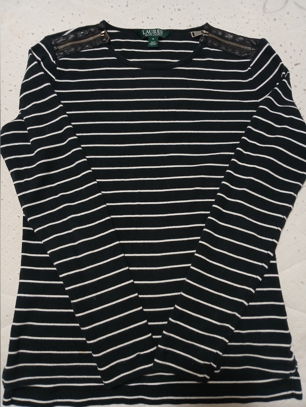 Lauren Ralph Lauren 100% Cotton Striped Long Sleeve Leather Zipper Shoulder